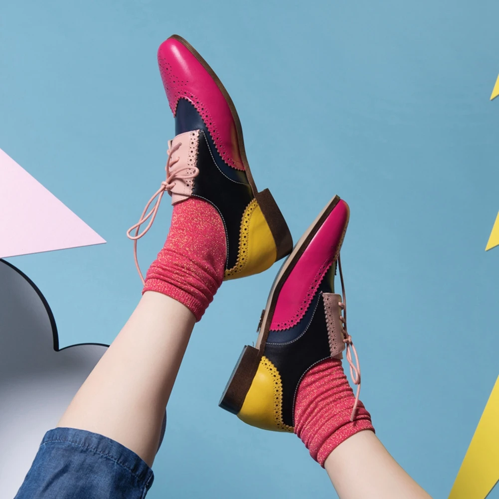 

Luxury Brand Design Vintage Retro British Style Patchwork Mixed Colors Shoes Genuine Leather Women Big Size 42