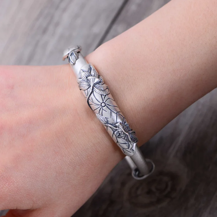 

GB2135 925 sterling silver jewelry antique ground carp lotus lady Bracelet