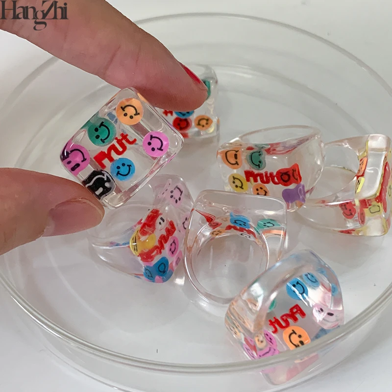 

HangZhi 2020 New Korean Colorful Crystal Cartoon Cute Smiley Face Letters Transparent Square Chunky Rings for Women Jewelry