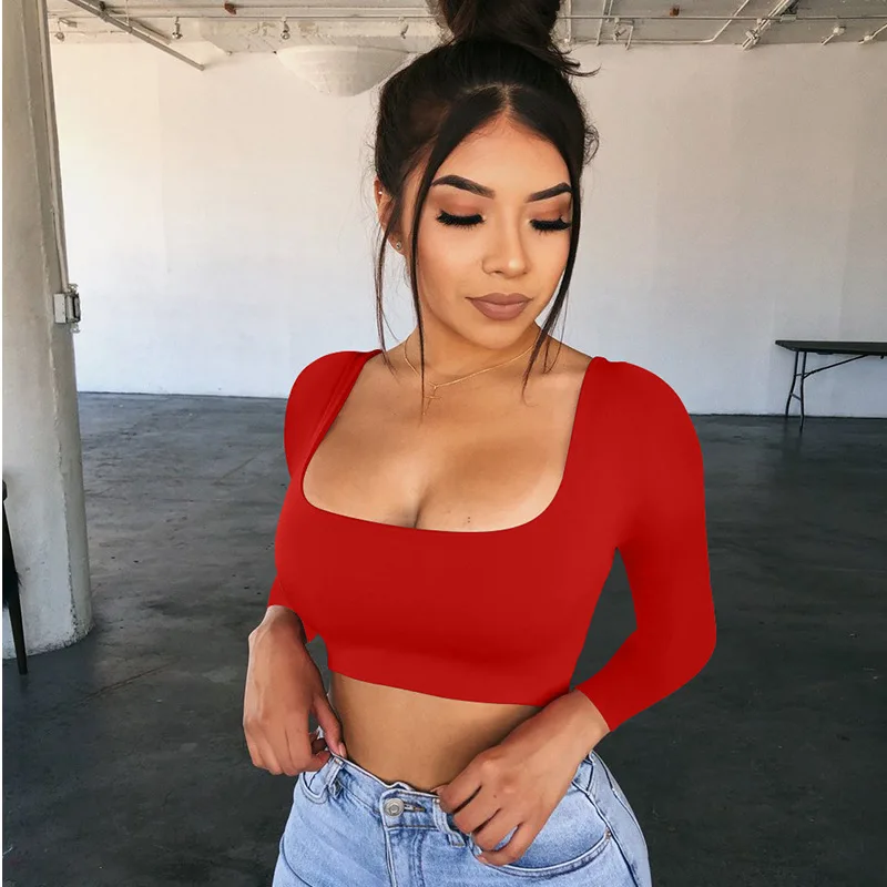 ANJAMANOR Sexy Square Neck Long Sleeve Crop Top T-shirt Women Clothes Spring 2020 Black Red White Club Shirts for D53-H52 | Женская