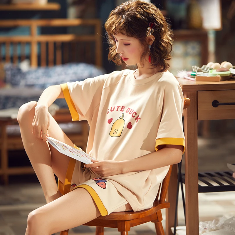 Летняя Пижама тонкий хлопковый костюм с коротким рукавом милая одежда для сна