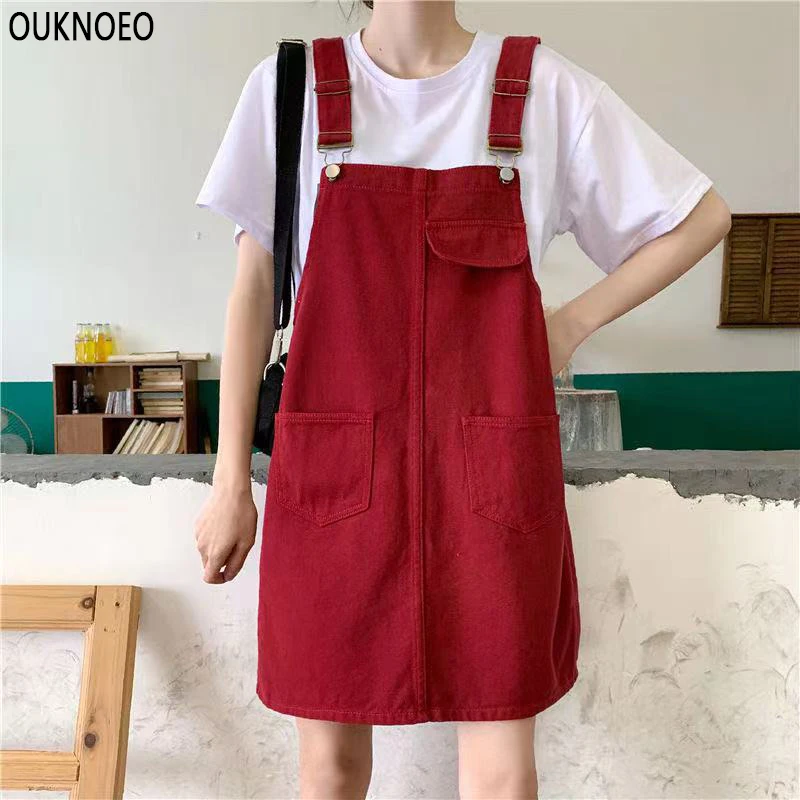 

Summer Women's Large Age Reducing Denim Strap Skirt Korean Preppy Style Loose Dress With 2021 Woman Solid Multiple Pockets Dress