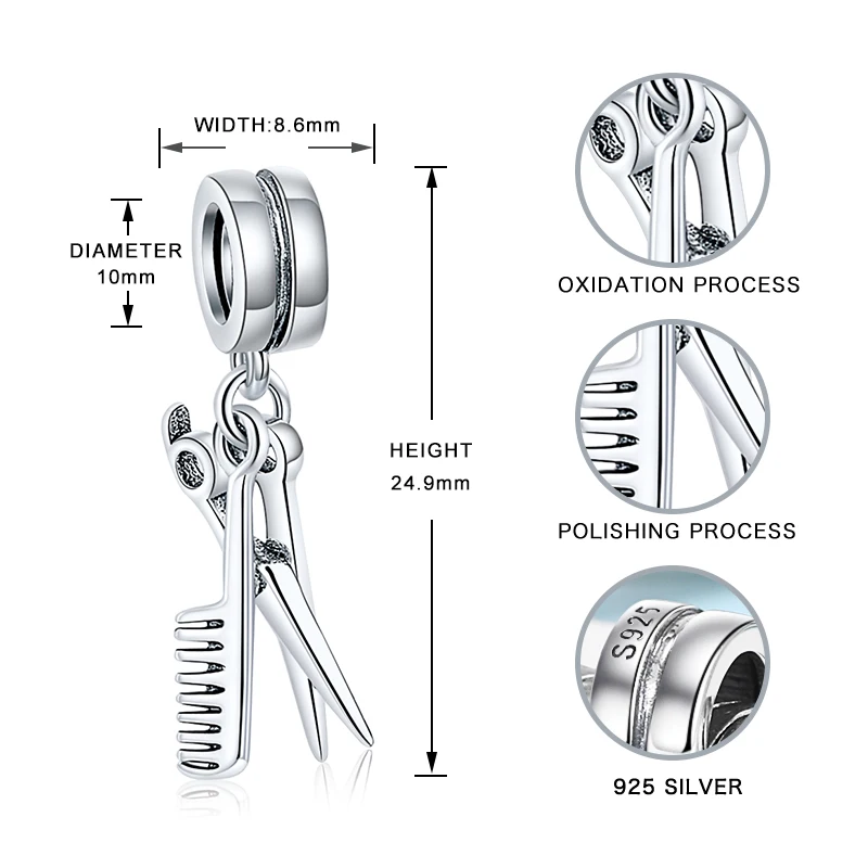 Hot Sterling Silver Scissors&Comb Charm Beads Pendant Fit Authentic Pandora Charms Bracelet 925 Original Jewelry Berloque|beads pendant|authentic