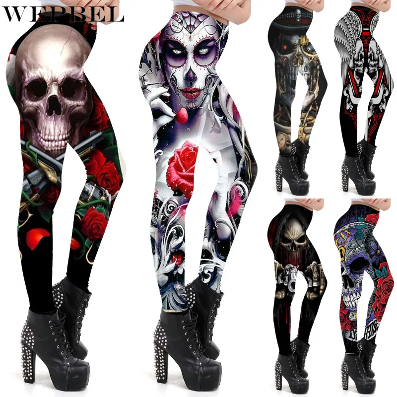 

WEPBEL Women Fashion Vintage High Waist Rose Skull Butterfly Printed Leggings Pants Slim Fit Stretch Yoga Pants Skinny Leggings