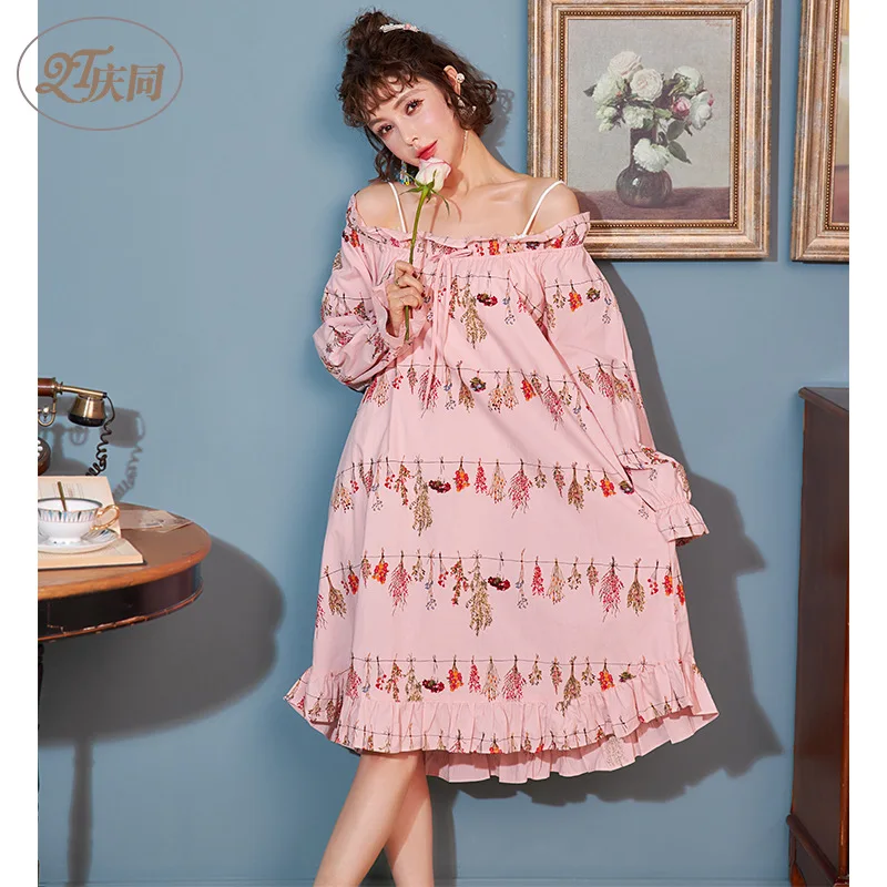 

Women Spring Pure Cotton Long Off-Shoulder Sexy Nightgown Long Sleeve Loose Cute Princess Nightwear Printing Sleepwear Dress
