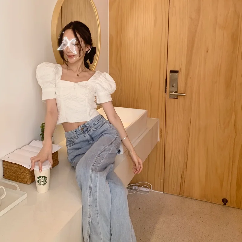 for summer light blue color is the foot open fork mouth side cut loose wide-legged jeans pants of mop floor | Женская одежда