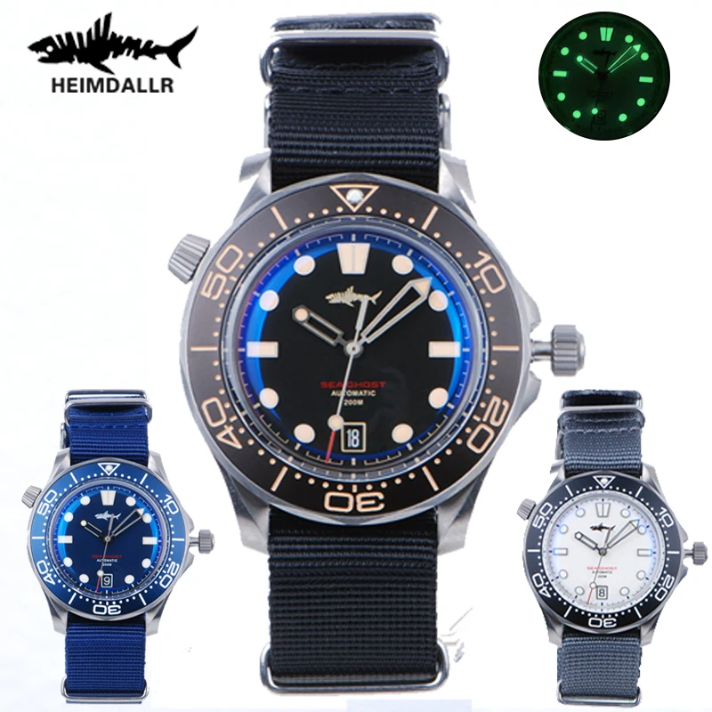 

Heimdallr Watch Titanium Sea Ghost NTTD NH35 Automatic Mechanical C3 Luminous Steel Nylon White Black Dial 200M Dive Watches Men