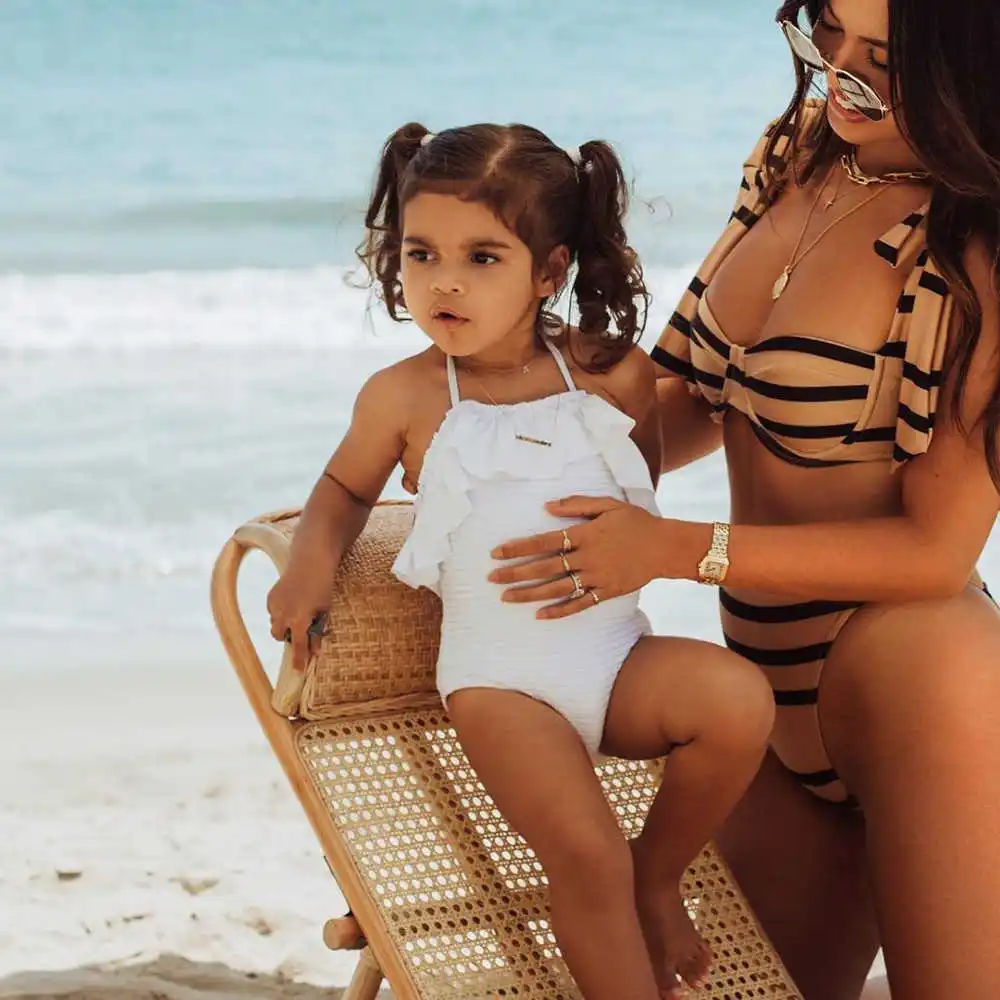 

2021 Sexy Bikini Set Stripe Swimsuit Bandeau Swimwear Women Bow Bather Suit Strappy Beachwear High Waist Biquini female
