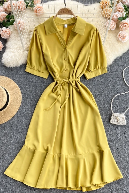 

Women's Summer Short Sleeve Solid Color Office Wear Shirt Dress 2021 Casual Streetwear Single Breasted Rullfe Dress