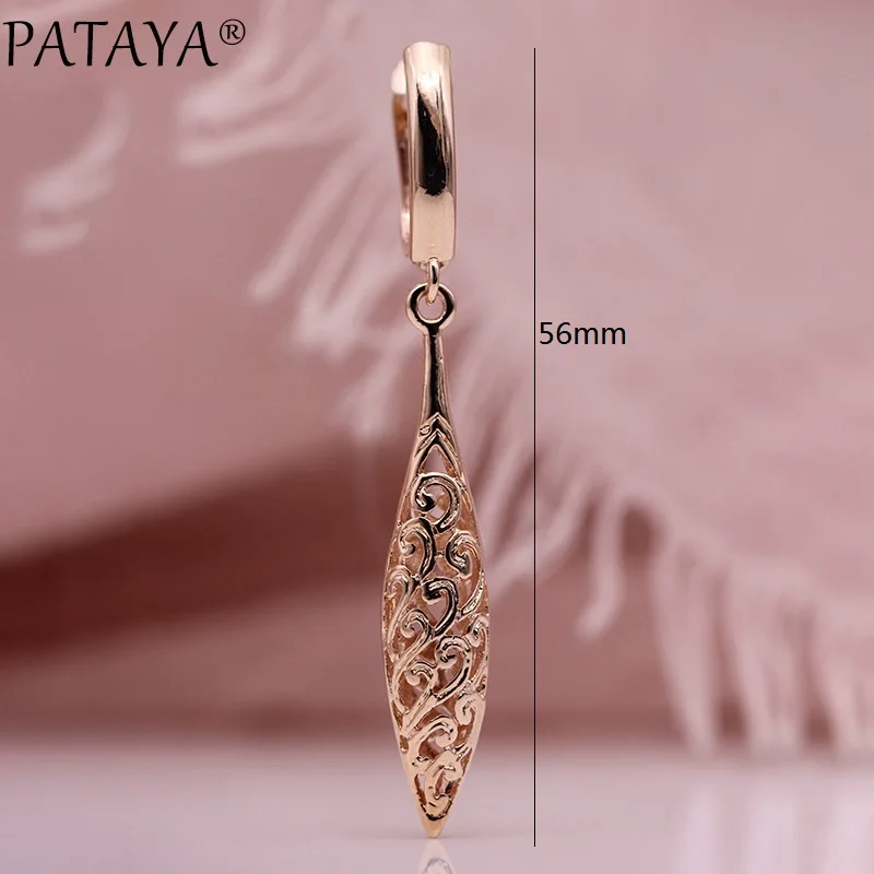 PATAYA New Unique Long Earrings Women Wedding Fine Cute Fashion Jewelry 585 Rose Gold Hollow Carving Vintage Tip Dangle Earrings