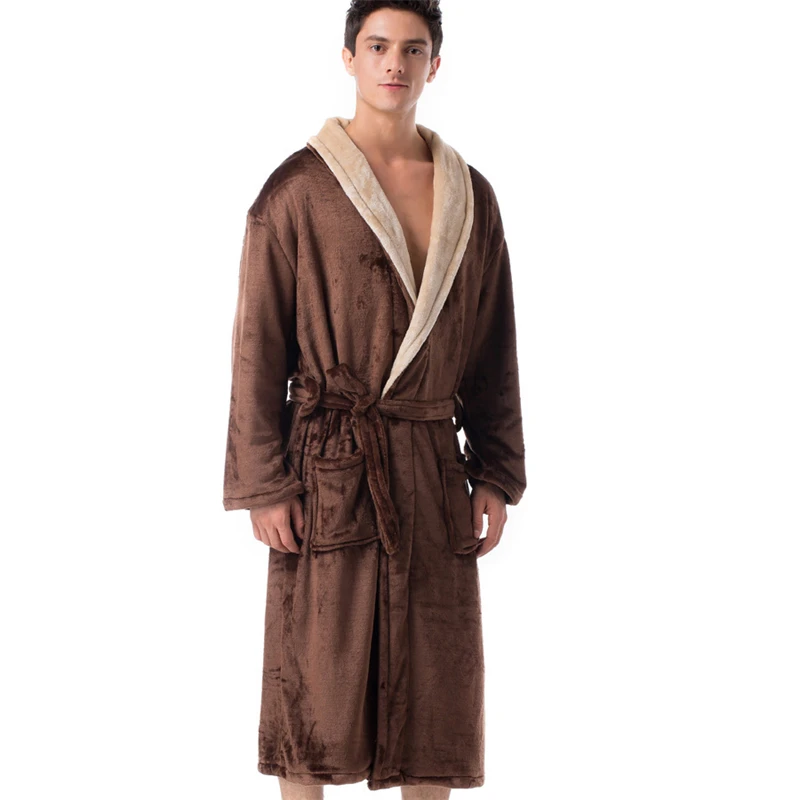 

Autumn Winter New Color Contrast Flannel Spa Robe Men Pajamas Male Coral Fleece Nightgown Kimono Bathrobe Home Clothes Sleepwear