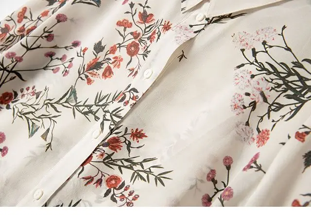 

100% Silk 2021 Spring New Mulberry Silk Print White Shirt Women Blouse