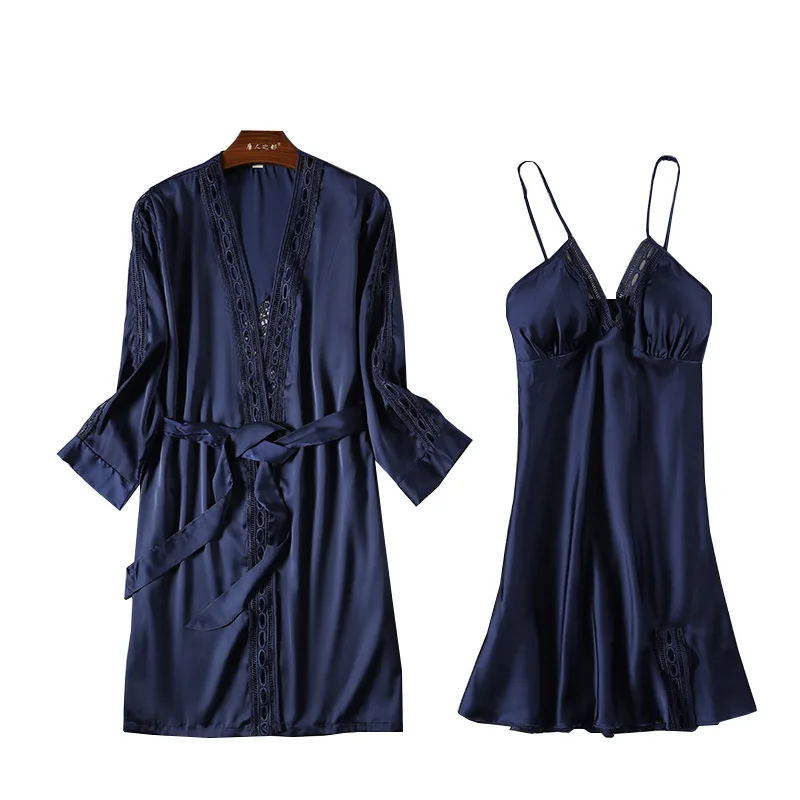 

Sexy Hollow Out Wedding Robe Set Women 2pcs Sleepwear Spring Summer Nightdress Three Quarter Knee-Length Kimono Bathroe Gown