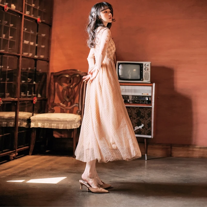 Женское платье с длинным рукавом Сетчатое вышивкой в горошек 2021 | Женская одежда