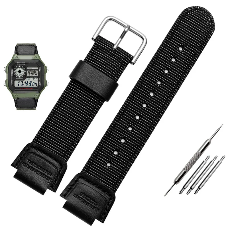 Холщовый браслет для часов 18 мм ремешок для часов casio AE-1200WH-1B/SGW-300H/400/SGW-500 8/5000 нейлоновый ремешок для часов 16 мм - Цвет ремешка: Черный