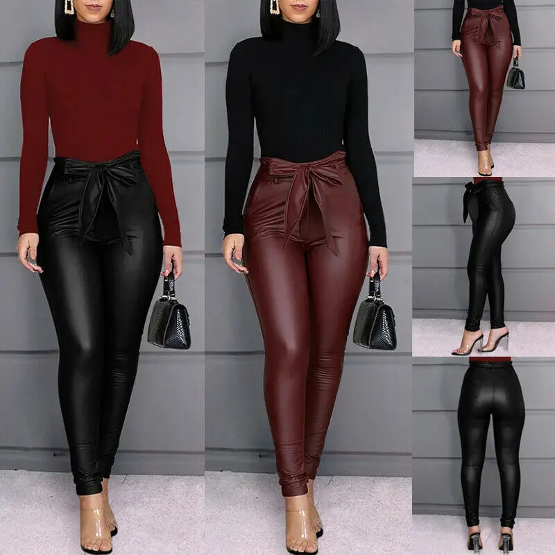 Женские кожаные штаны из ПУ кожи винно-красные и черные легинсы Сексуальные