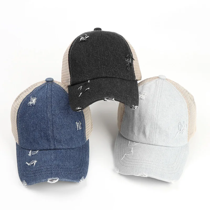 

Men's Baseball Cap Denim Rolled Edge Hole Hat Men's And Women's Casual Cap Breathable Sunshade Net Caps Boy's Baseball Cap