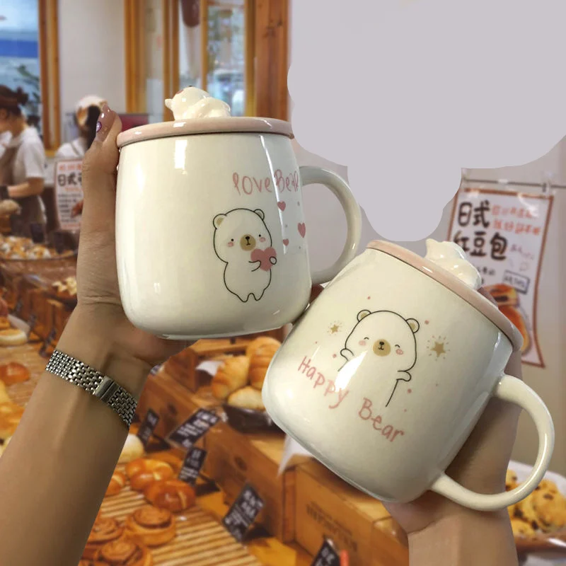 

"Cute Bear" Lovely Kawaii Ceramic Mugs Cups with Lid Spoon Tea Coffee Children Girls Boys Milk School Home Drinkware