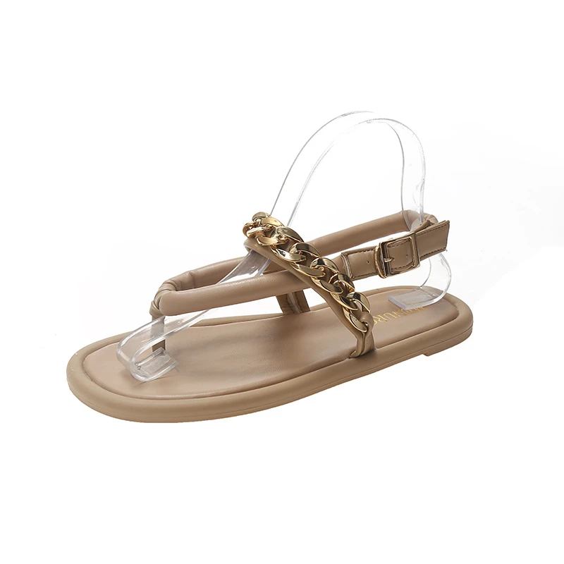 

Summer Trend Fashion Sandals Women Chain Thick Flat Sole Flip Toe Back Strap Buckle Beach Vacation Shoes Ladies Female Whosale
