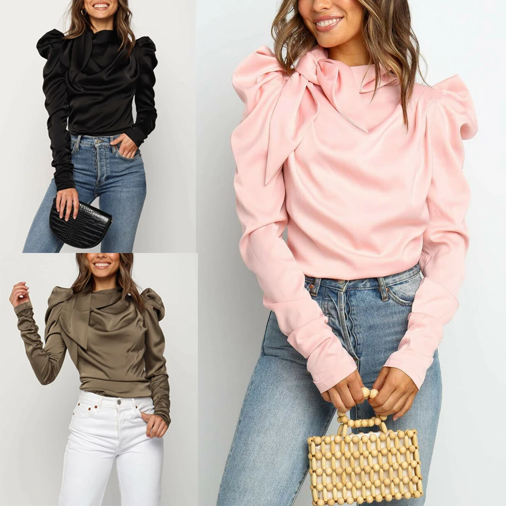 

2020 Fashion Women Bow Tie Puff Sleeve T Shirt Tops Satin Summer Ladies Casual Loose Office Work OL Blouse Shirt