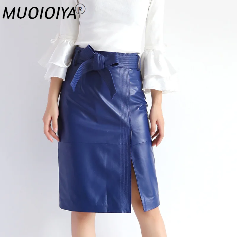 

Genuine Leather Skirt Women Real Sheepskin High Waist Office Ladies Elegant Designs Work Formal Midi Knee Legnth Skirts Belts