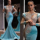 Роскошные Выпускные платья русалки с бисером шикарные вечерние платья с длинным рукавом с синими кристаллами вечернее платье Дубай арабское женское вечернее платье на заказ