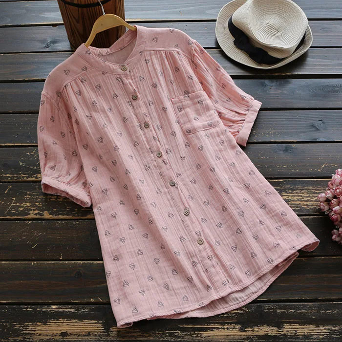 

summer women blouse short sleeve female loose cotton tops Japan style fresh button stand collar shirt 2020