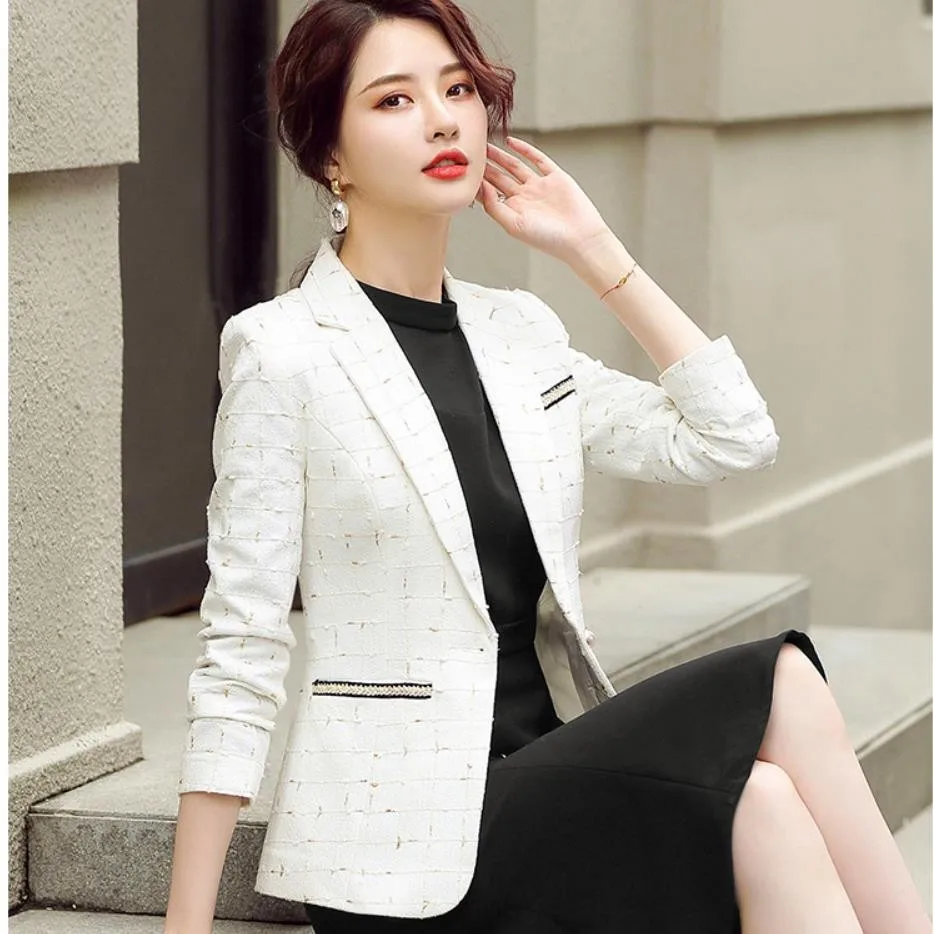 

Autumn Winter Women Professional Suit Single Button Notched White Black Office Lady Business 4xl Plaid Formal