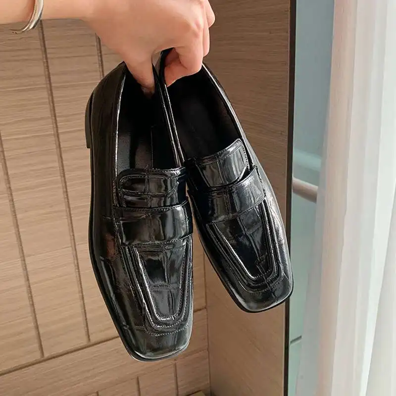 

Krazing pot natural leather square toe low heel comfortable shoes three colors deep mouth slip on fashion basic women pumps L20