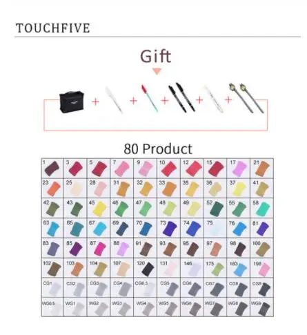 80 PRODUCT TouchFIVE 20 Вт, 30 Вт/40/60/80 Цвет маркеры манга рисунок Маркеры Ручка на спиртовой основе эскиз жирной двойной кисть товары для рукоделия - Цвет: 80 PRODUCT