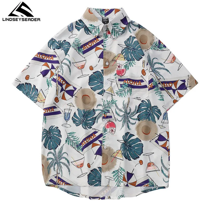 

2020 Hip Hop Shirt Retro Vintage Streetwear Men Hawaiian Shirts Leaf Print Harajuku Fashion Summer Beach Shirt Short Sleeve Set