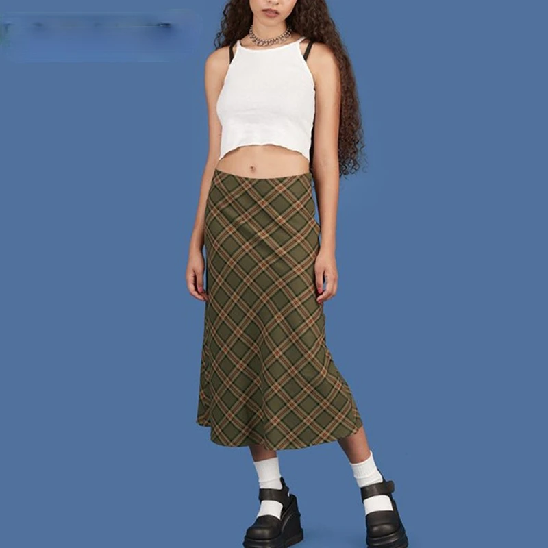 

Plaid High Waist Mermaid Skirts Summer Women Streetwear Cotton Long Skirts Chic Vintage Style Ladies Bottoms Summer