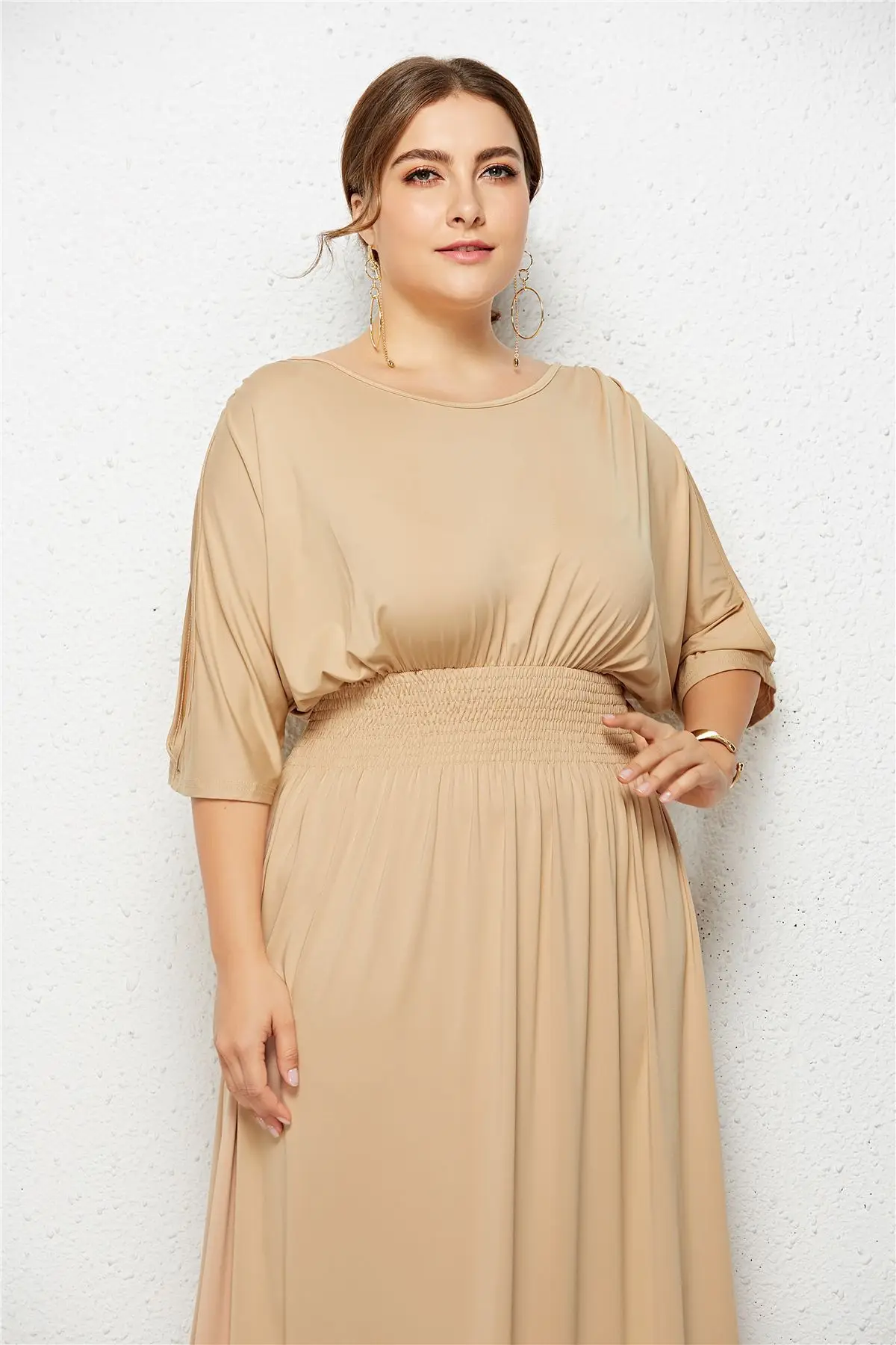 Fashion Plus Size Women Long Dress Smocking Stitch Waist Party Dresses Solid Slit Opening Sleeve Modern Woman |