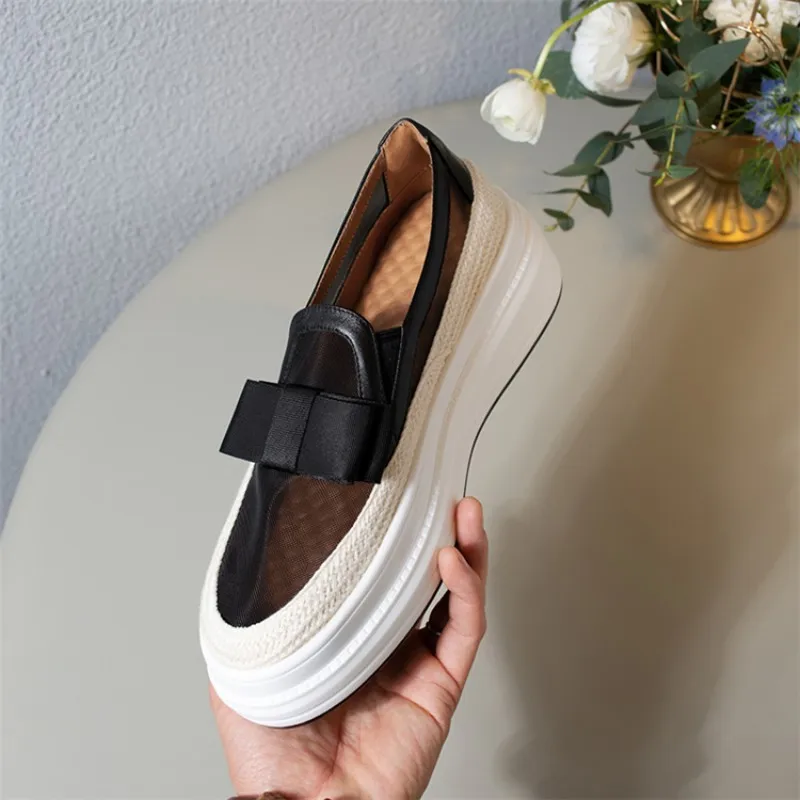 Женские Дышащие лоферы на прозрачной сетчатой платформе без застежек с бантом