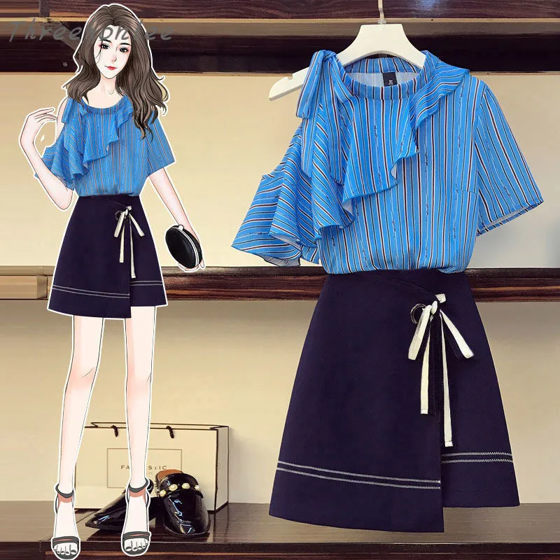 

Женский летний костюм-двойка в полоску, с открытыми плечами и круглым вырезом