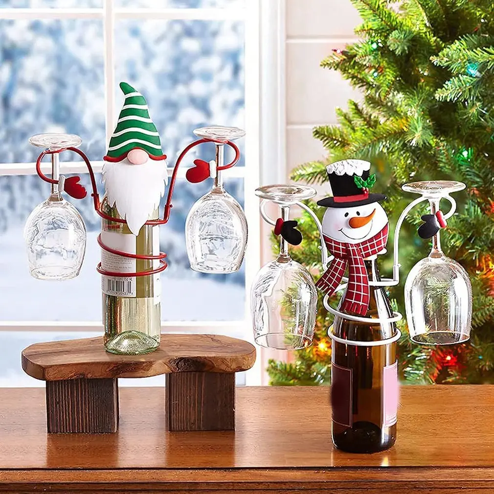 

Holiday Wine Bottle & Glass Holders Christmas Theme Organizer Rack Festival Home Desktop Decoration