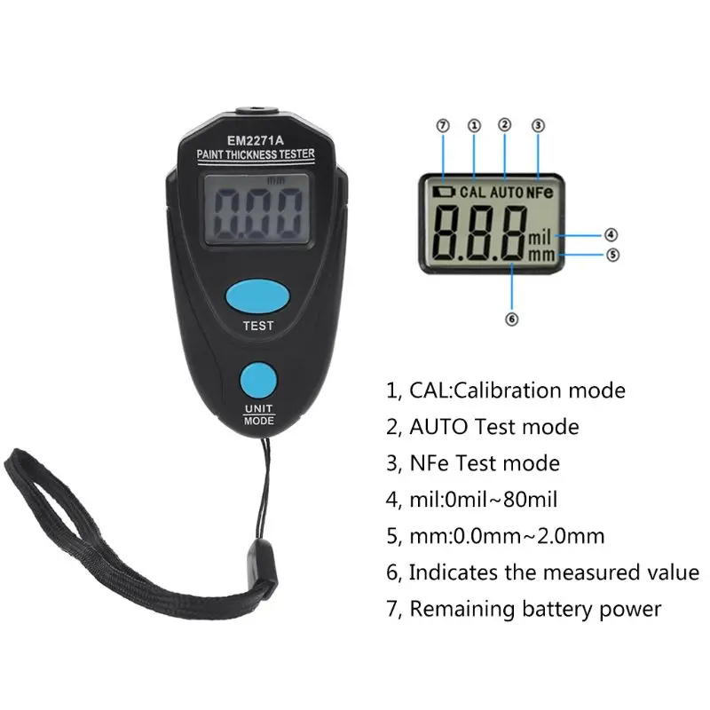 

EM2271A Mini LCD Digital Automobile Thickness Gauge Car Paint Tester Display Thickness Coating Meter Testing Instrument