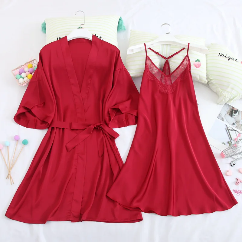 

Sexy Twinset Robe Suit Women's Summer Satin Bride Bridesmaid Wedding Sleepwear V-neck Nightdress&Bathrobe Lady Kimono Bath Gown