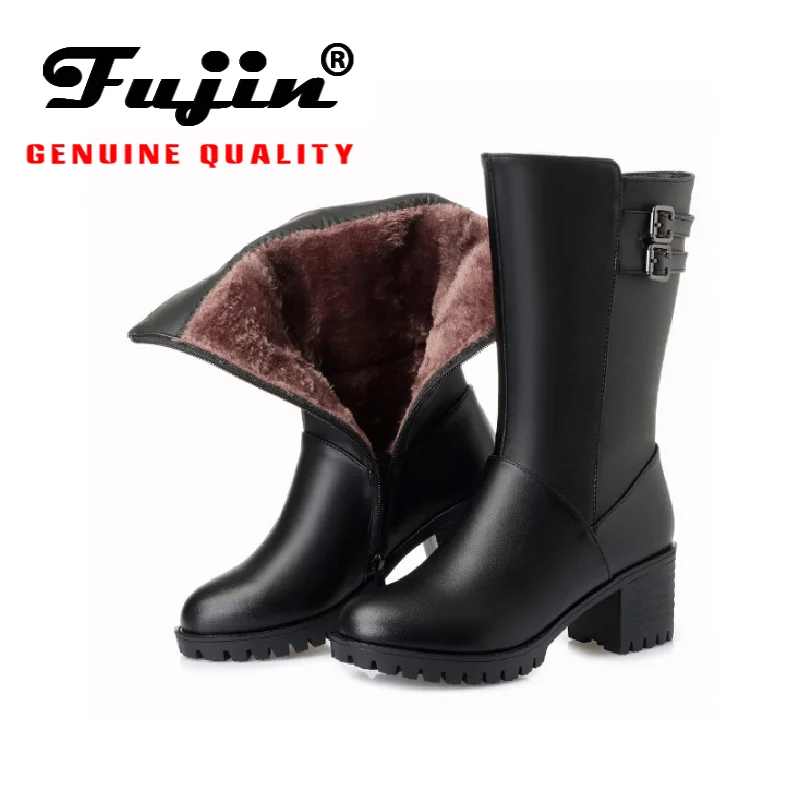 

Fujin/зимние сапоги из шерсти; Модная теплая обувь на меху с плоской подошвой на молнии; Плюшевые сапоги до середины икры; Женские зимние сапог...