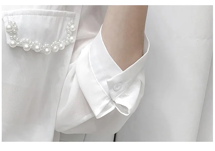 

Long Sleeve Blouse Women Blusas Mujer De Moda 2021 Beading Turn Down Collar Black Blouse Chiffon Blouse Shirt Tops Blusa E208