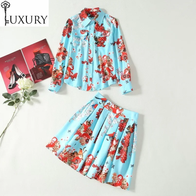 Женские костюмы из двух предметов голубая рубашка с фруктовым принтом и Юбка До