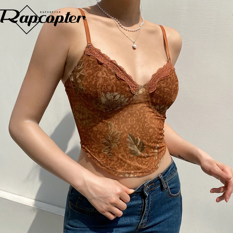 

Rapcopter Floral y2k Camis Brown Crop Top Lace Frill Cute Corset Top Spaghetti Strap Sweats Harajuku Tee Top Women Beach Vests