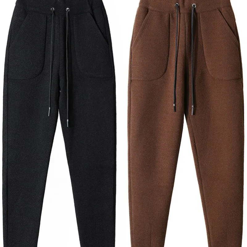 

2021 Women Pants Autumn Winter Woolen Harem Pants Elastic High Waist Thick Warm Casual Trousers Black Pants Women Clothing Y128