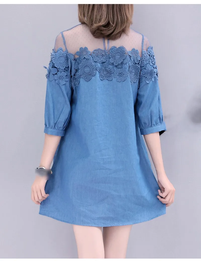 New Patchwork Bead Transparent Mesh Shirt Denim Dress Fall Summer Women Plus Size Short Blue Loose Jeans | Женская одежда