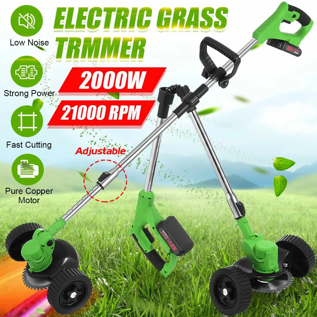 2000W 88VF Cordless Electric Grass Trimmer Foldable Lawn Mower Weeds Brush Length Adjustable Powerful Cutting Garden Tools