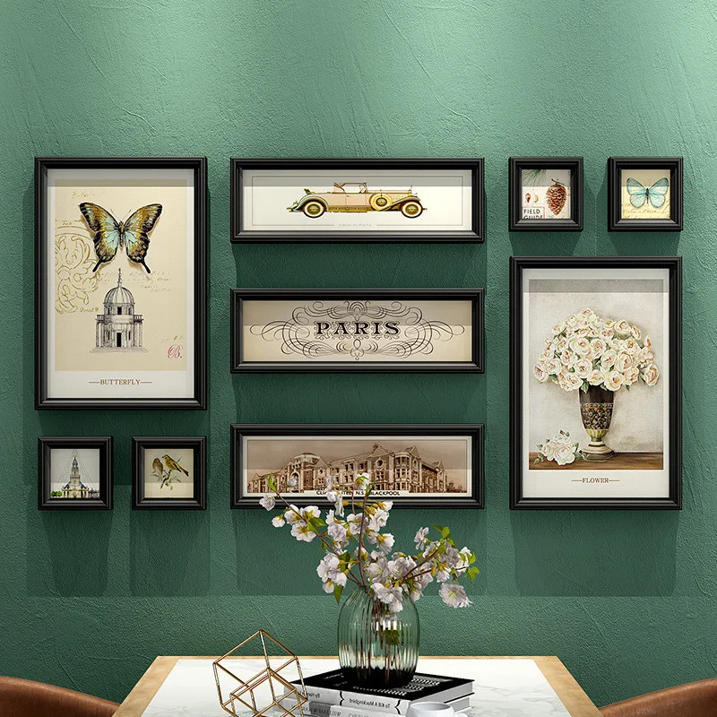 

9 Pcs/Set Classic American Vintage Picture Frame Porch Hanging Rectangle Photo Frame Combination Painting Wall Decoration Mural