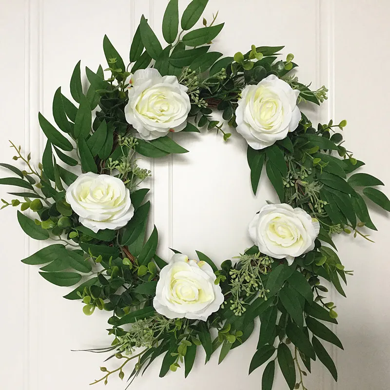 

New Green Plant Wreath Wedding Pendant Rose Flower Wreath Home Garden Window Decoration Shooting Props