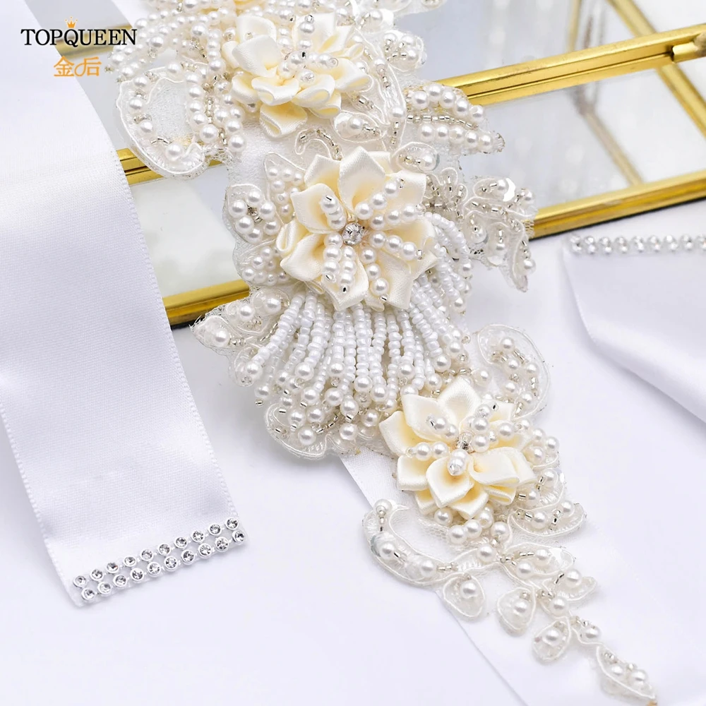 TOPQUEEN Luxury Bridal Belt for Brides White Flower Maternity Sash Bride Accessory Pearl Belts Women Ivory S346 | Свадьбы и