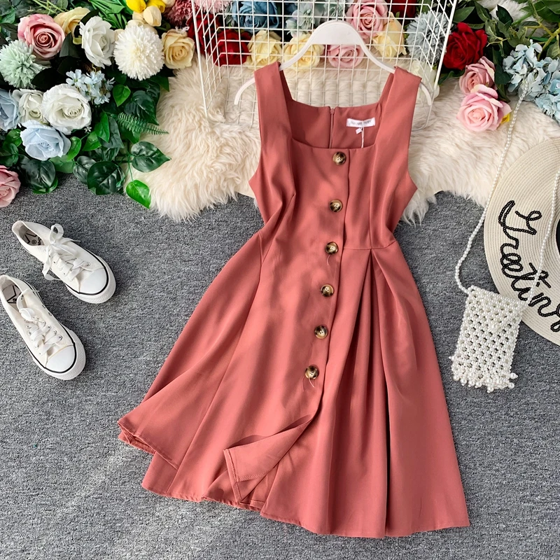 Винтажное тонкое летнее осеннее короткое платье на пуговицах, vestido de festa, сарафан на бретелях, Повседневные Вечерние женские платья трапециевидной формы с высокой талией - Цвет: Розовый