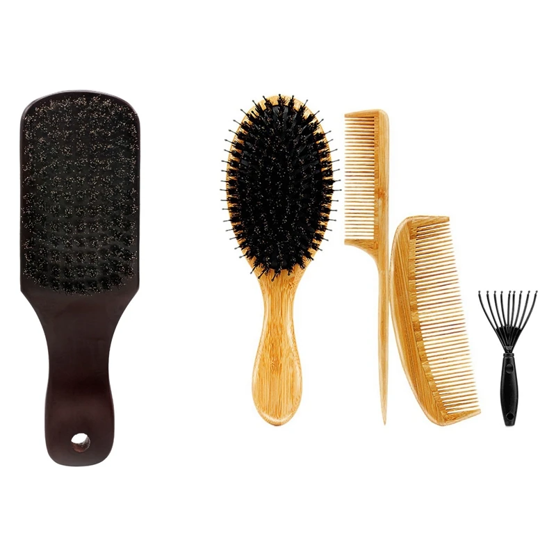 

4Pcs Massage Comb Hair Brush Natural Bamboo Handle & 1Pcs Pure Pig Bristles Medium Hardness Brush Beard Brush